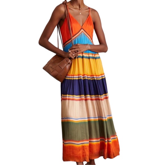 Tanvi Kedia x Anthropologie V-Neck Colorblock Sm 46 Orange Blue Silky Midi